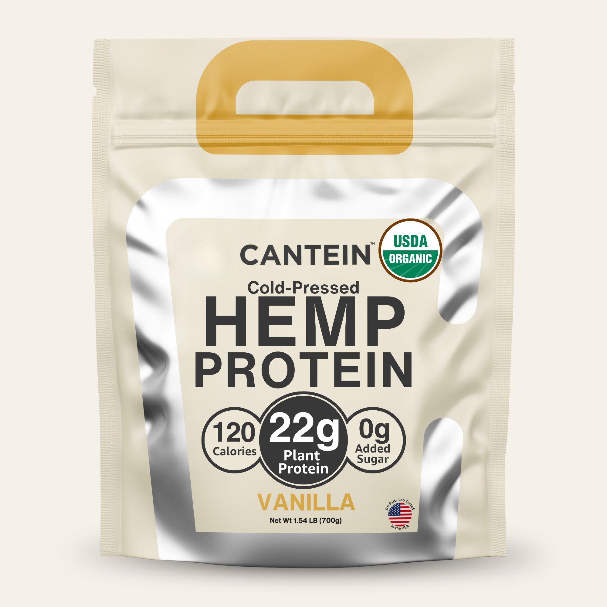 A pouch of Cantein brand USDA Organic, cold-pressed vanilla hemp protein powder.