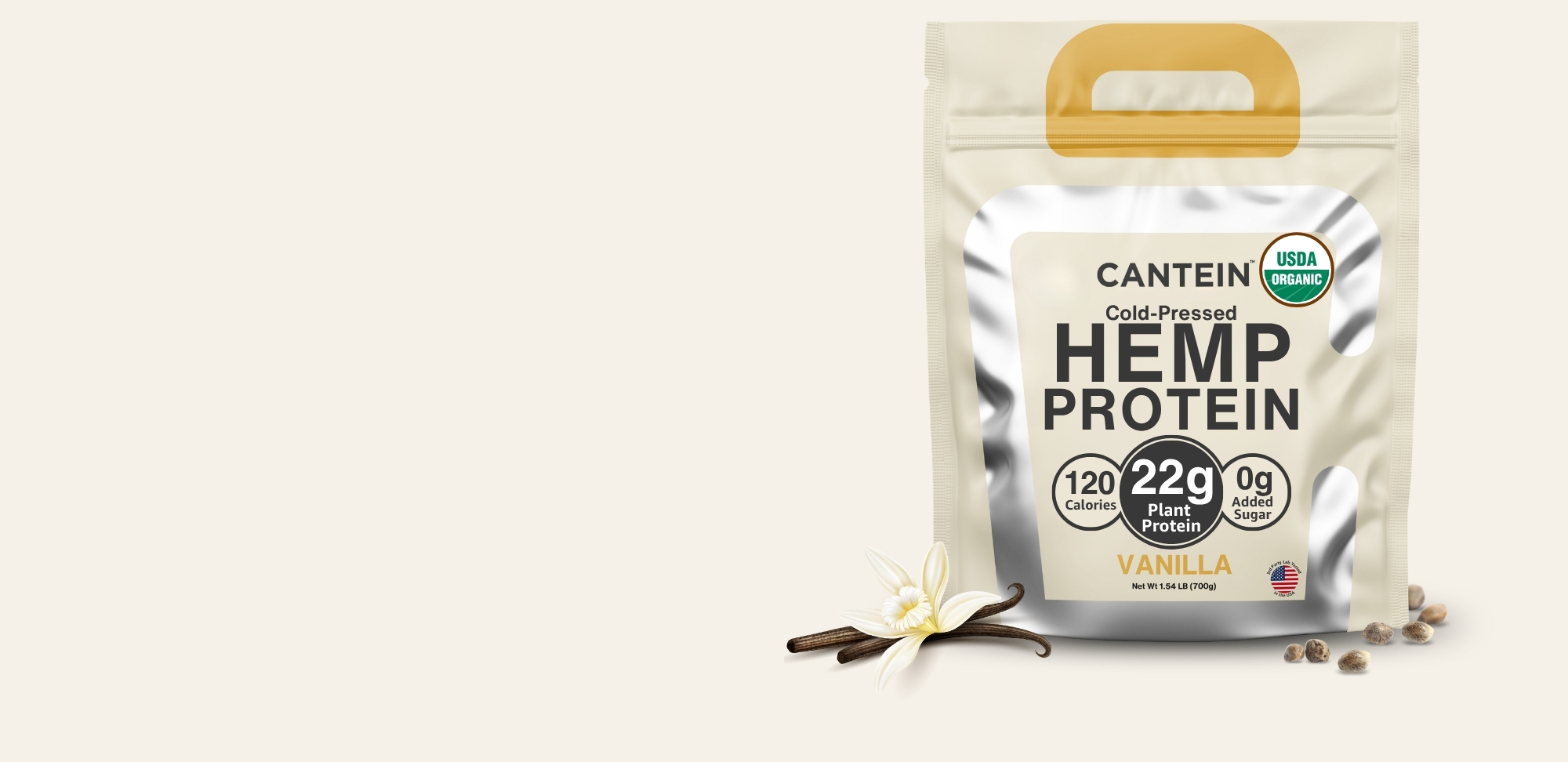 Cantein organic vanilla hemp protein powder bag with vanilla beans