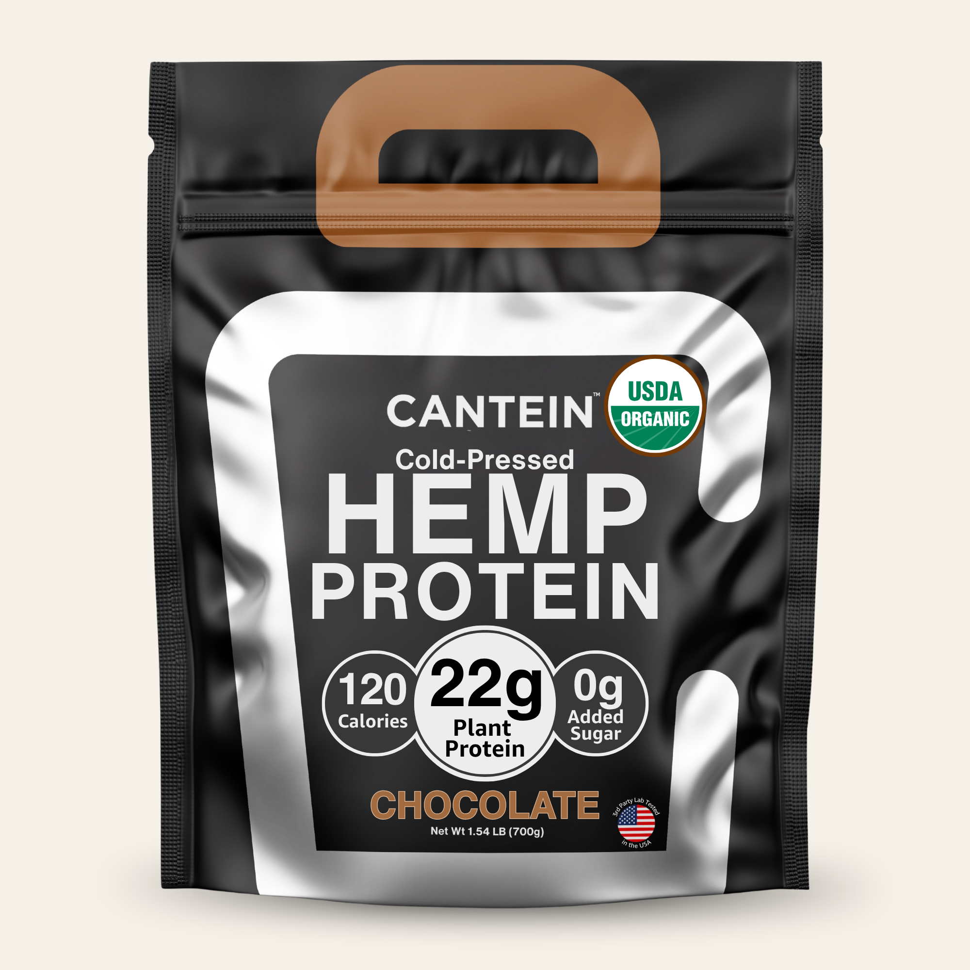 A black bag of Cantein USDA Organic Chocolate Hemp Protein powder on a light background.
