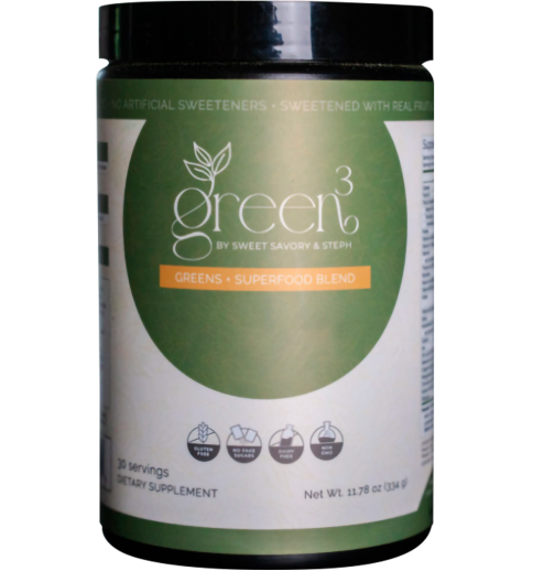 Green superfood blend supplement container with label and logo.