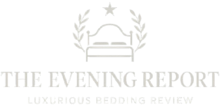 Logo with a bed, star, laurel wreaths, and text 'The Evening Report Luxurious Bedding Review'.