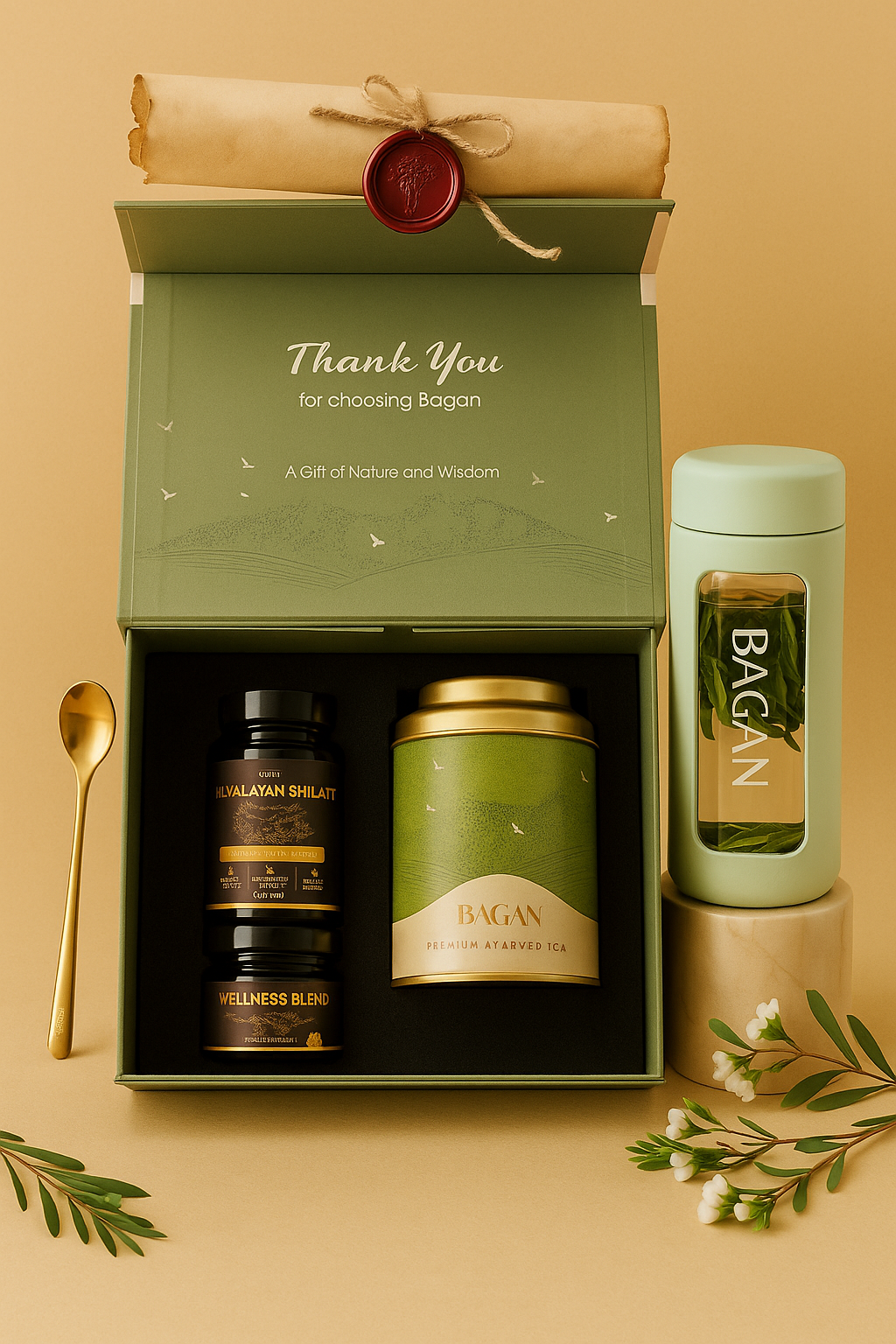 A Bagan brand wellness gift set in a green box with supplements, tea, a mug, and a spoon.
