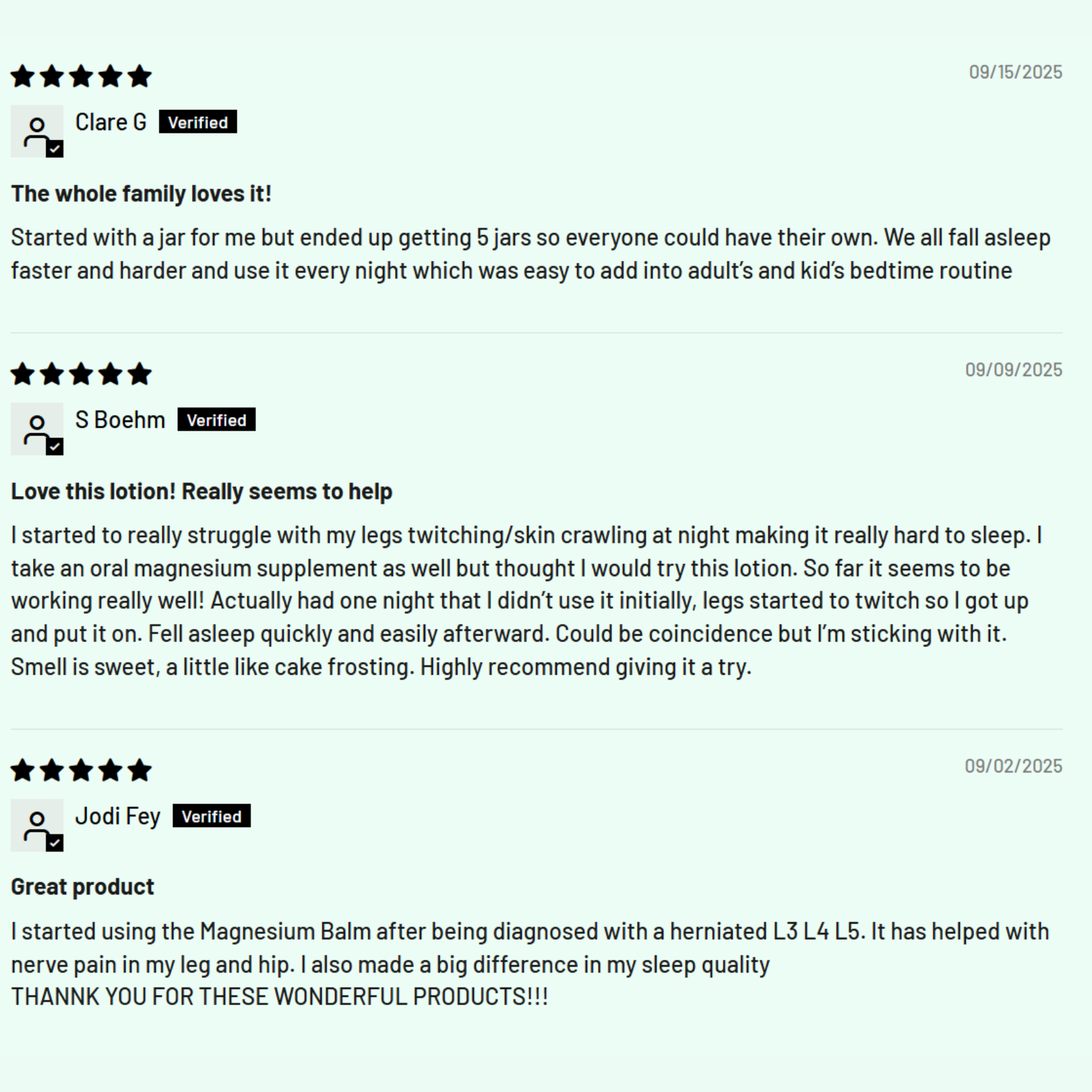 Three customer reviews with five-star ratings for a product.
