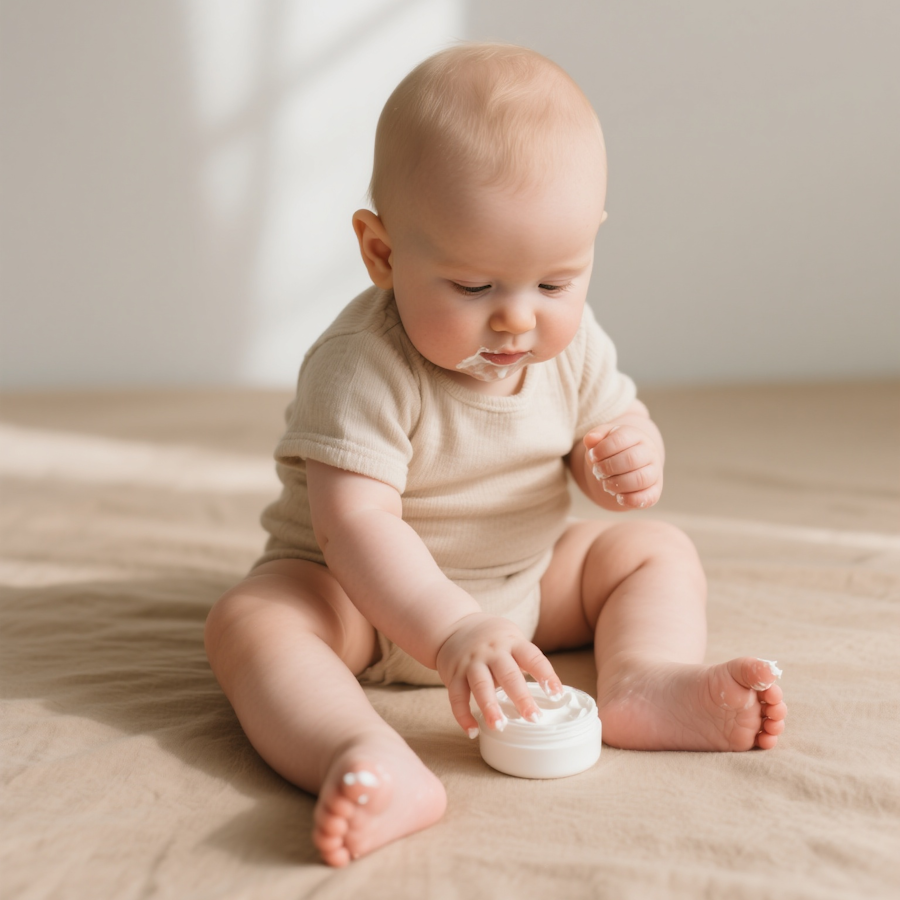 Baby sitting on bed, playing with a cream jar.