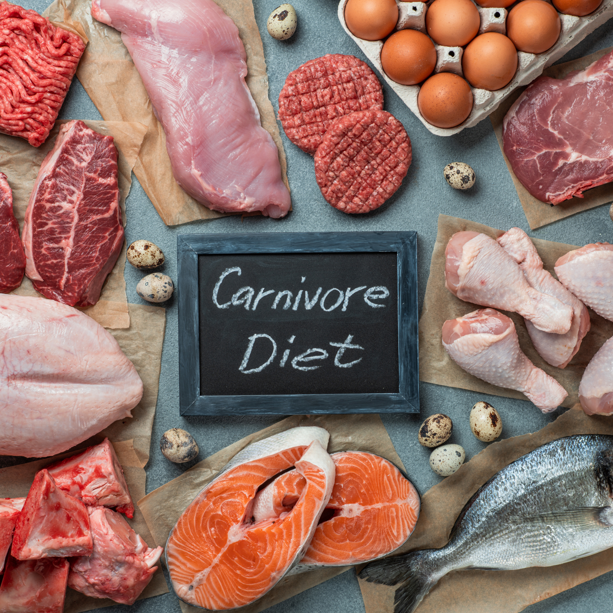Various meats, eggs, and fish surrounding a sign reading 'Carnivore Diet.'