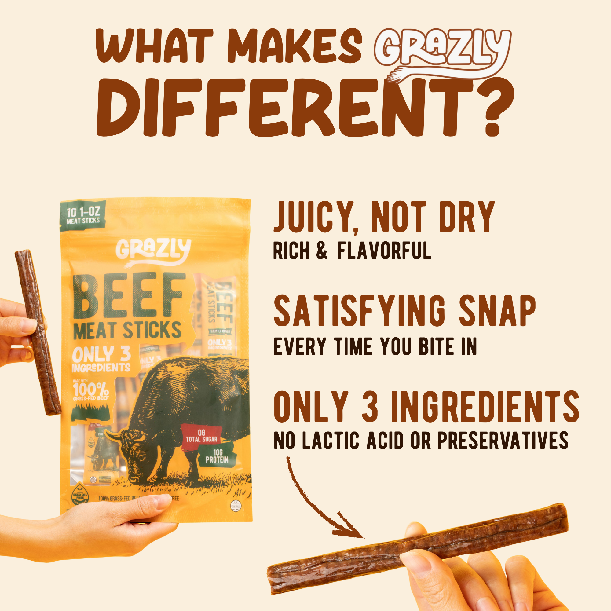 Beef meat sticks package with text highlighting product features and nutritional claims.
