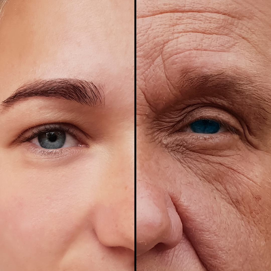 Close-up split image of a young and an older person's eye and eyebrow.