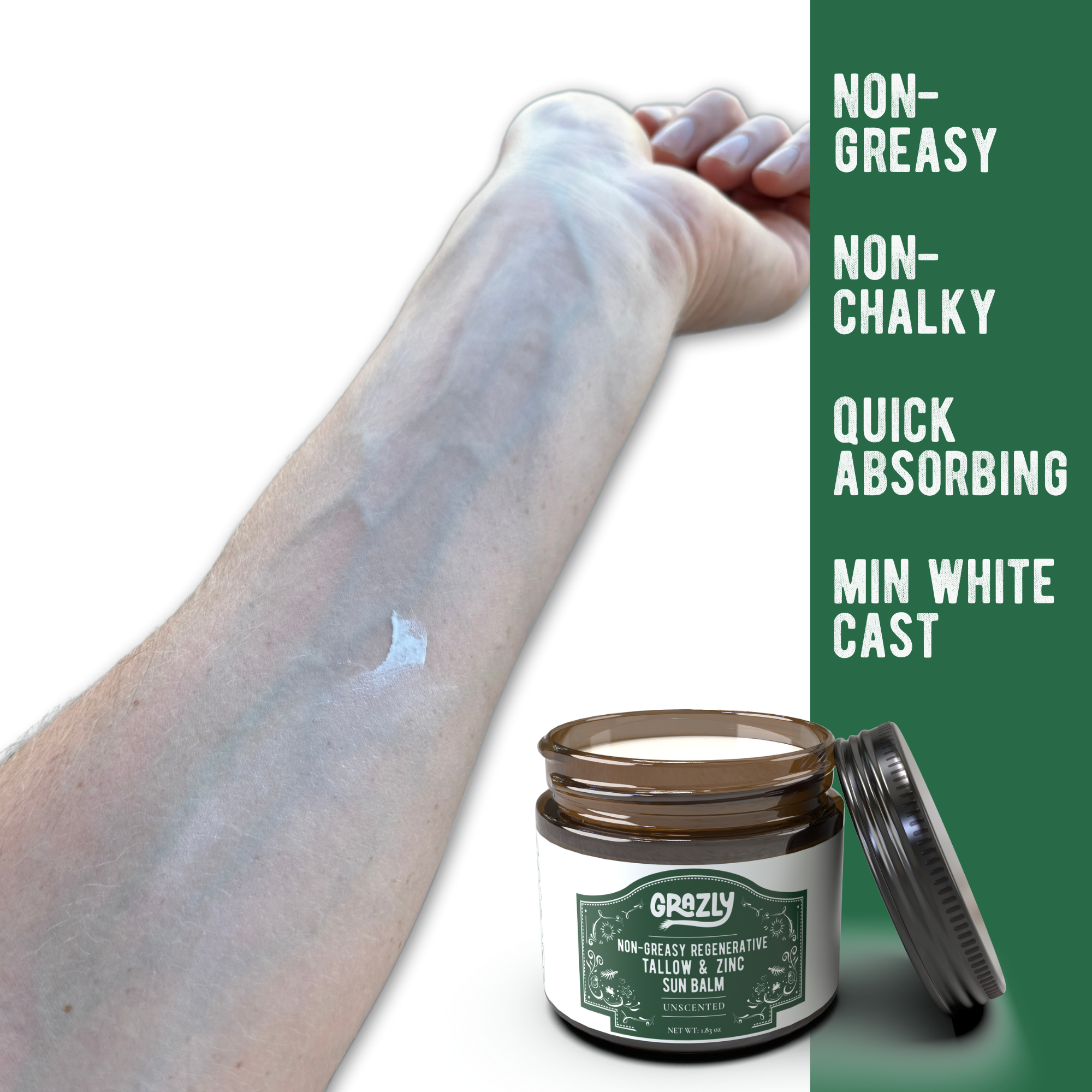 Arm with a small amount of cream, next to an open jar of sun balm.