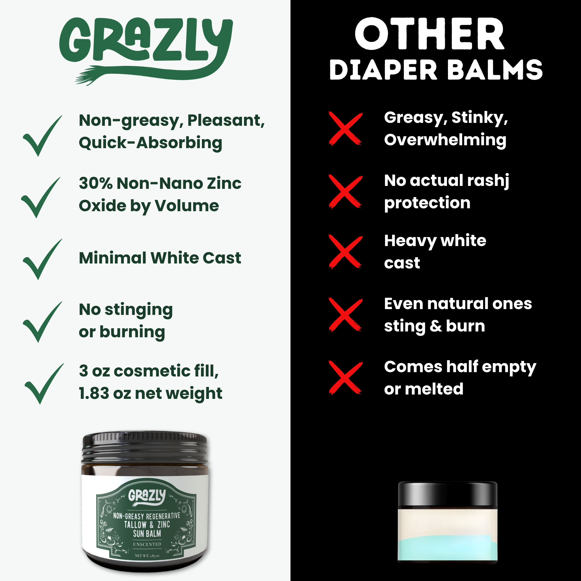 Comparison of Grazly diaper balm and other balms with pros and cons list.