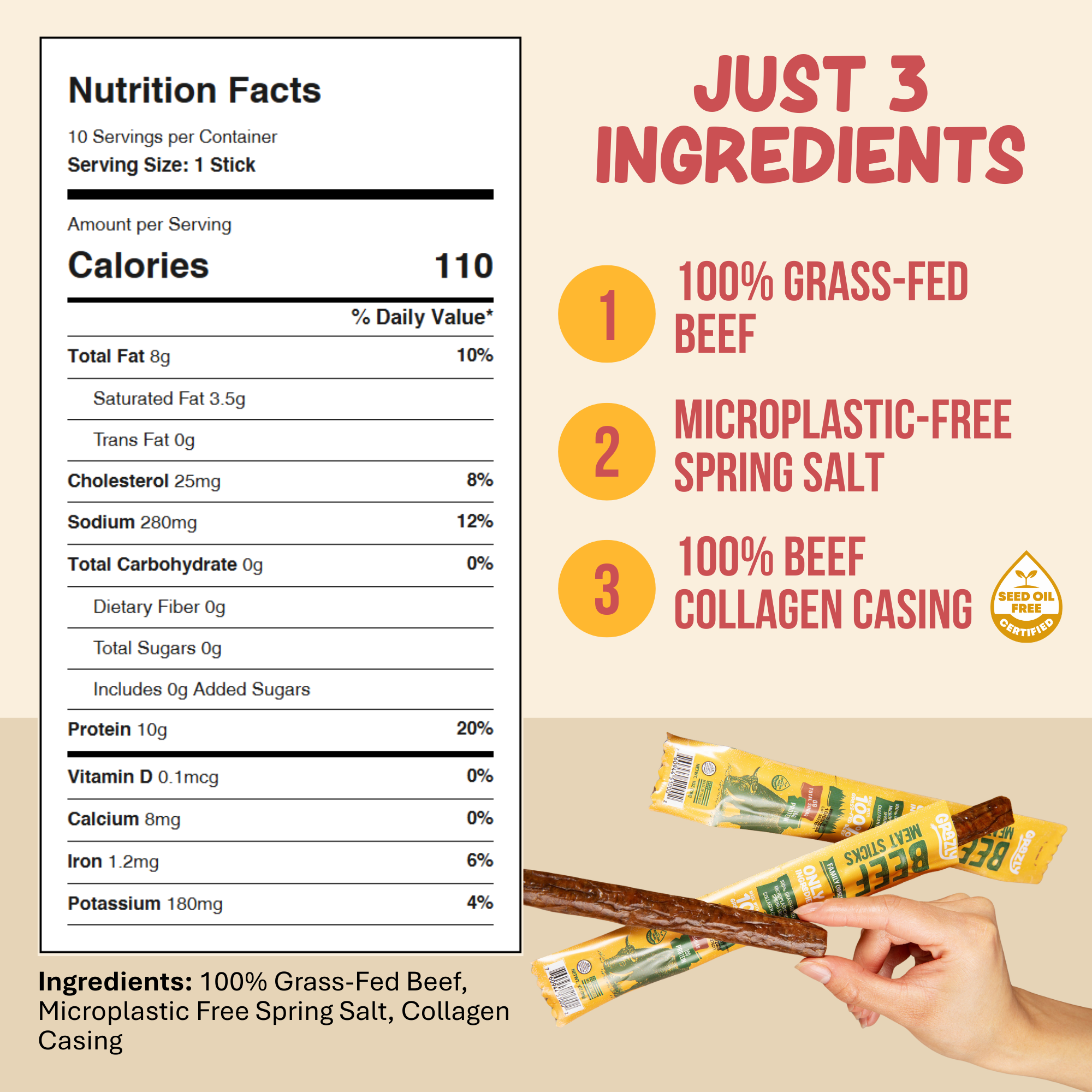 Nutrition facts and ingredients for beef sticks with a hand holding two sticks.
