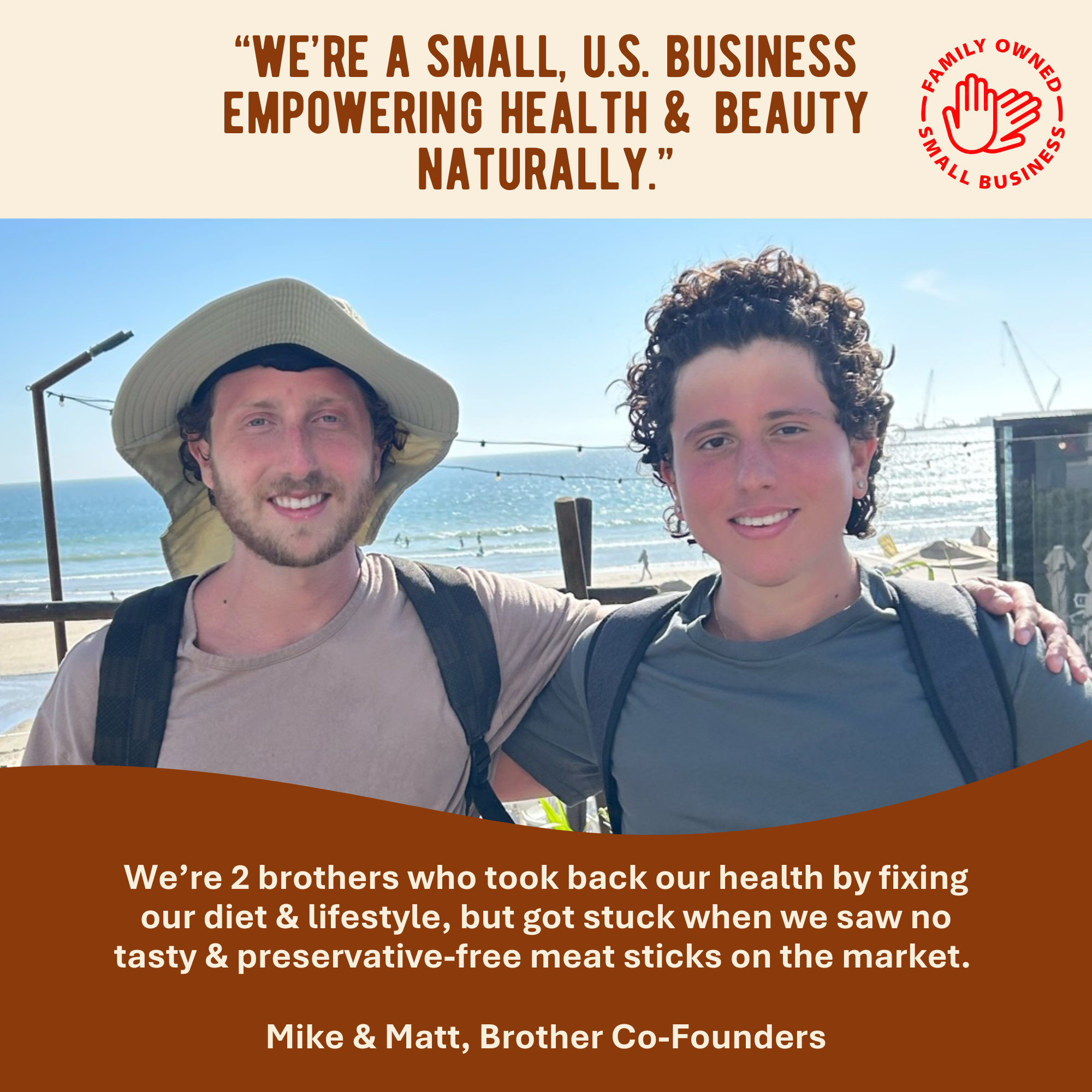 Two people standing together by the beach, with text about a family-owned business.