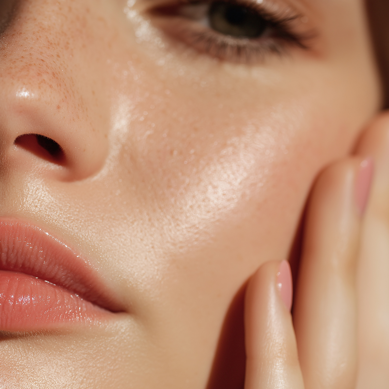 Close-up of a person's face, highlighting smooth skin and freckles.