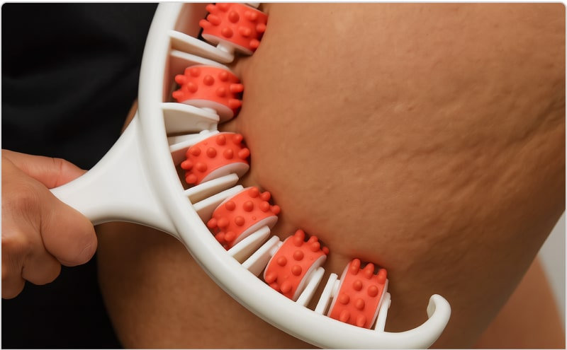 Person using a white and red massage roller on their thigh.