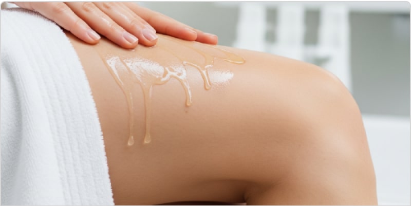 Close-up of a hand applying oil on a person's thigh.
