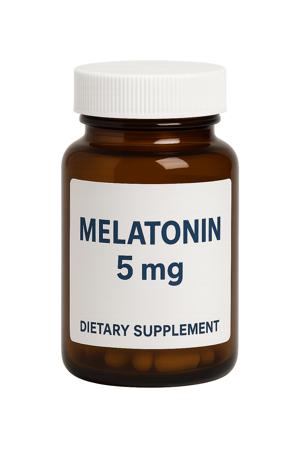 Brown bottle labeled 'Melatonin 5 mg Dietary Supplement' with white cap.