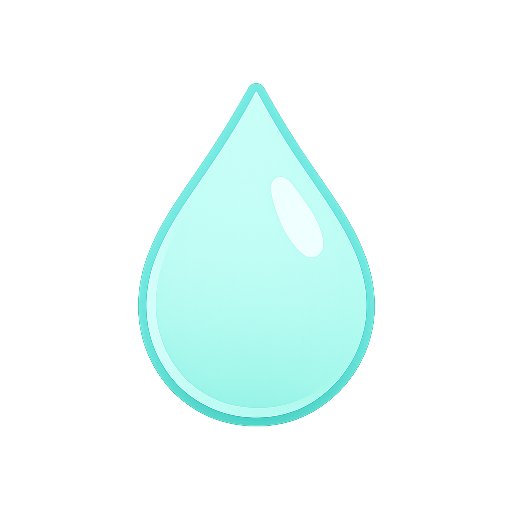 Glowing turquoise water droplet on a dark background.