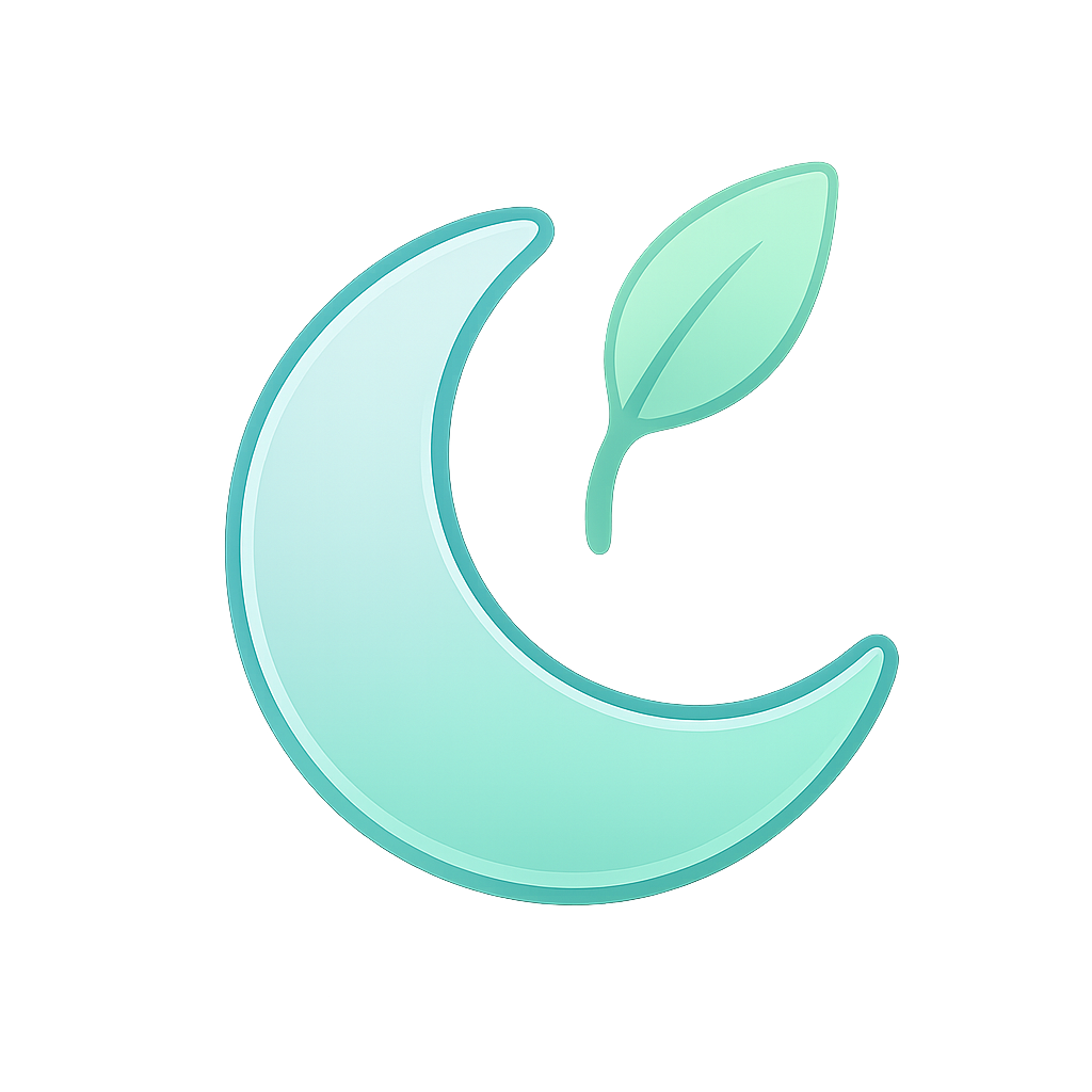 Glowing crescent moon with a leaf on a dark background.