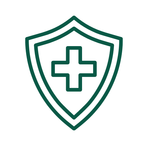 A green line icon of a shield with a medical plus sign in the center.