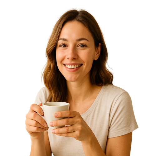 A smiling woman with wavy brown hair holds a white mug against a solid green background.