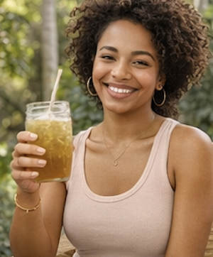 A smiling woman with curly hair holds a glass of a yellow beverage with a straw.