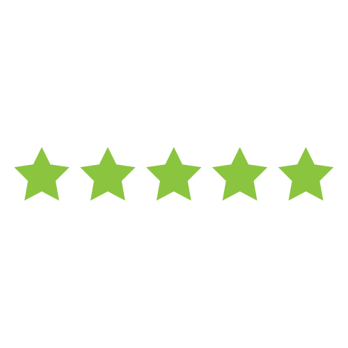 Five green stars in a row on a dark green background.