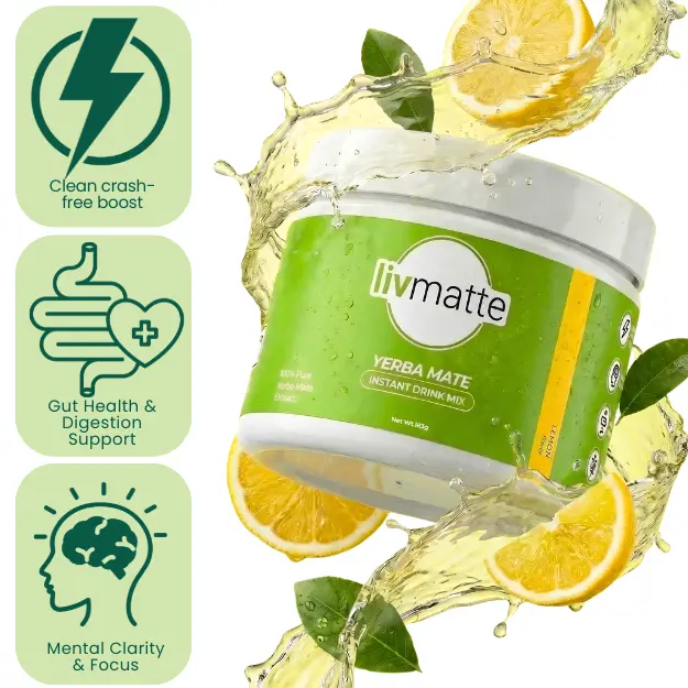 A container of Livmatte Yerba Mate instant drink mix with lemons and icons describing its benefits.