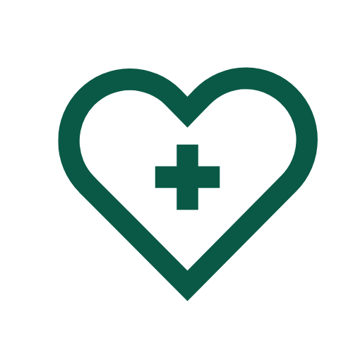 A dark green icon of a heart with a plus sign inside on a green background.