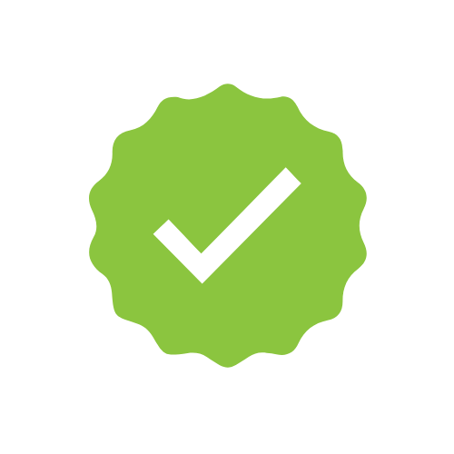 A dark green checkmark inside a light green scalloped circle on a dark green background.