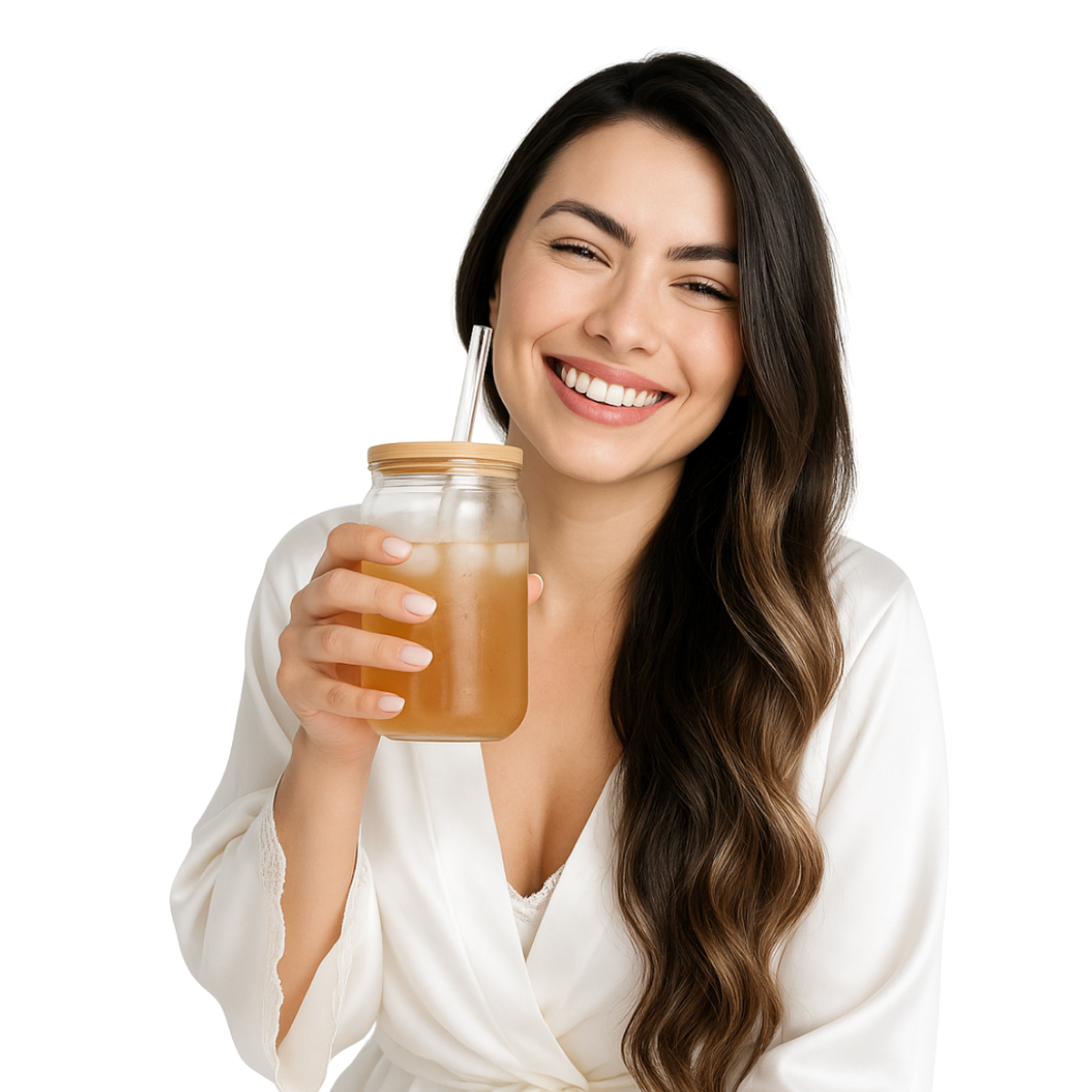 A smiling woman in a white robe holds an iced drink next to FDA, GMP, and Premium Quality logos.