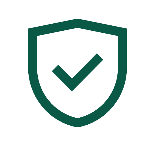 A dark green icon of a shield with a checkmark inside it on a green background.