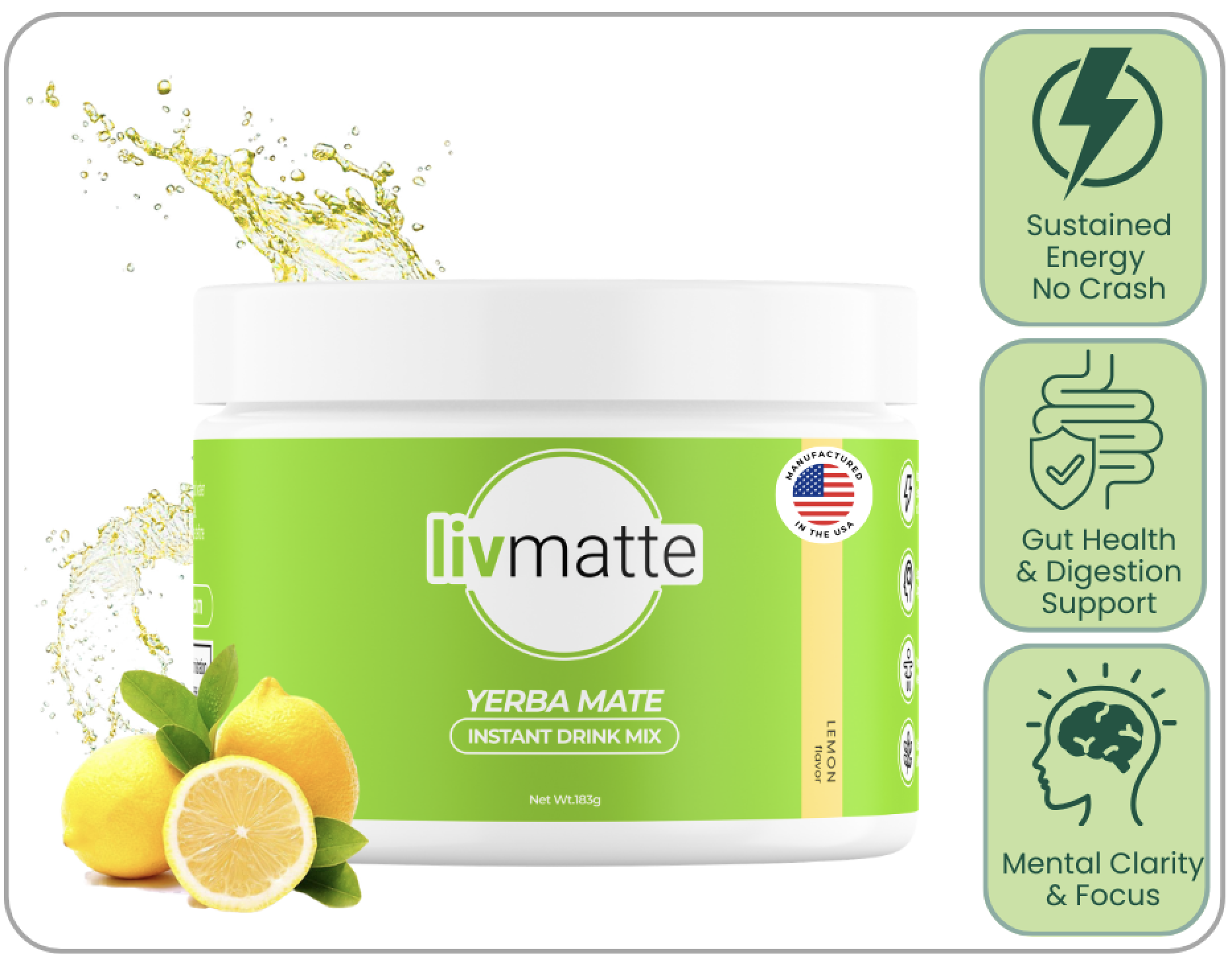 A white jar of Livmatte Yerba Mate lemon-flavored instant drink mix next to fresh lemons and benefit icons.