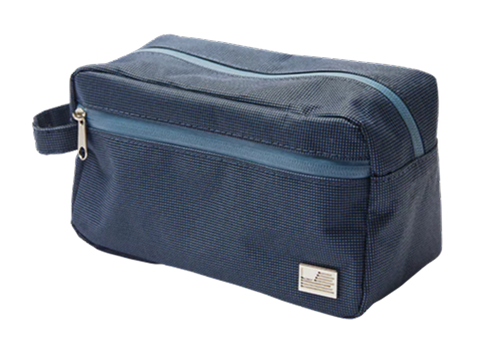 Blue toiletry bag with a zipper and small handle.