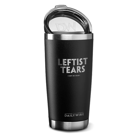 Black tumbler with 'Leftist Tears' text and a clear lid.