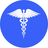 Caduceus symbol on a blue circular background.