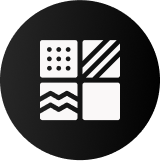 Circle with four geometric pattern icons inside, including dots, stripes, and wavy lines.