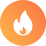 White flame icon on an orange circular background.