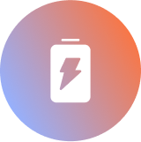 Icon of a battery with a lightning bolt inside, on a gradient background.