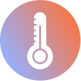 White thermometer icon on a gradient blue to orange circle.