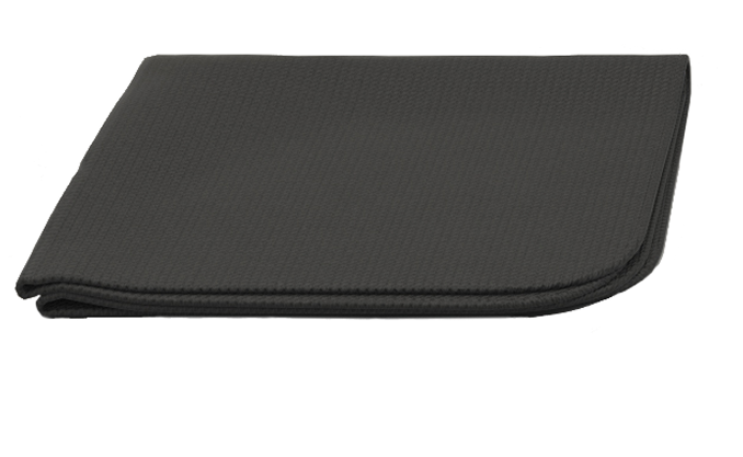 Folded black fabric with a textured surface.
