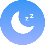 White crescent moon with 'zzz' on a blue gradient background.