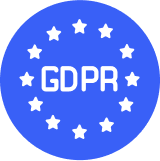 Blue circle with 'GDPR' text surrounded by white stars.