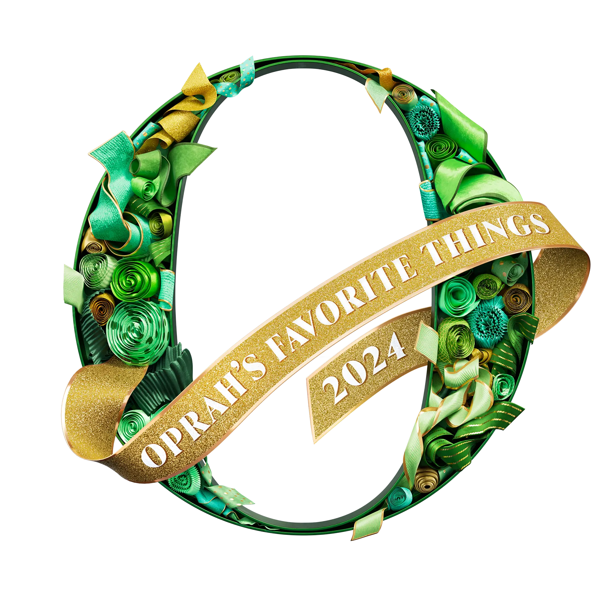 Green wreath with gold ribbon reading 'Oprah's Favorite Things 2024'.