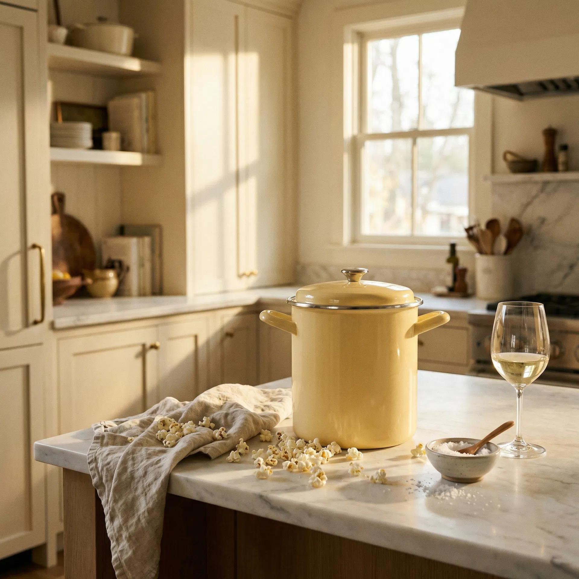 A yellow pot sits on a sunlit kitchen counter with popcorn, salt, and a glass of white wine.