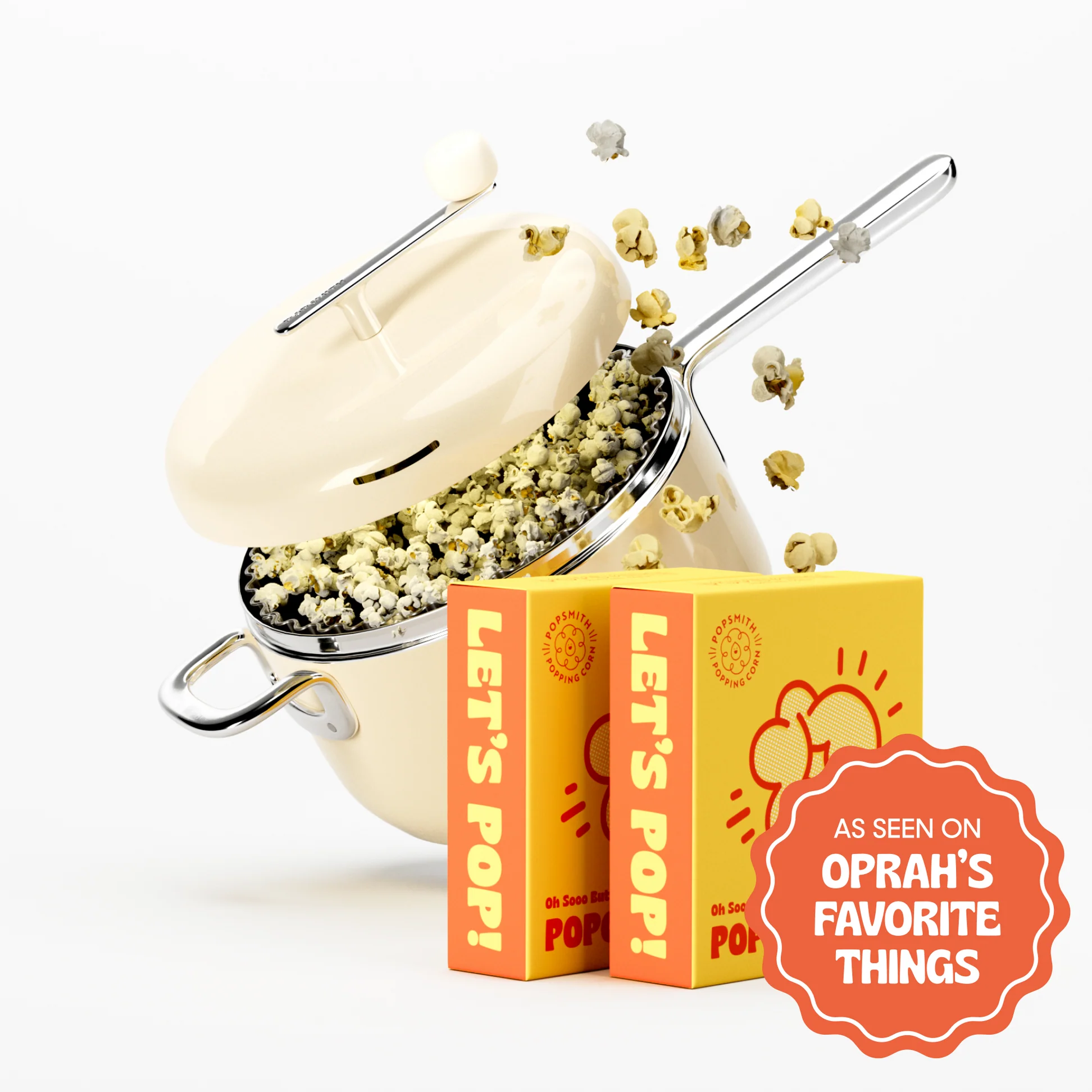 Popcorn popping from a pot with two yellow boxes labeled 'Let's Pop!' nearby.