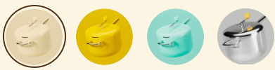 Four colorful pots with lids in different colors: cream, yellow, turquoise, and silver.