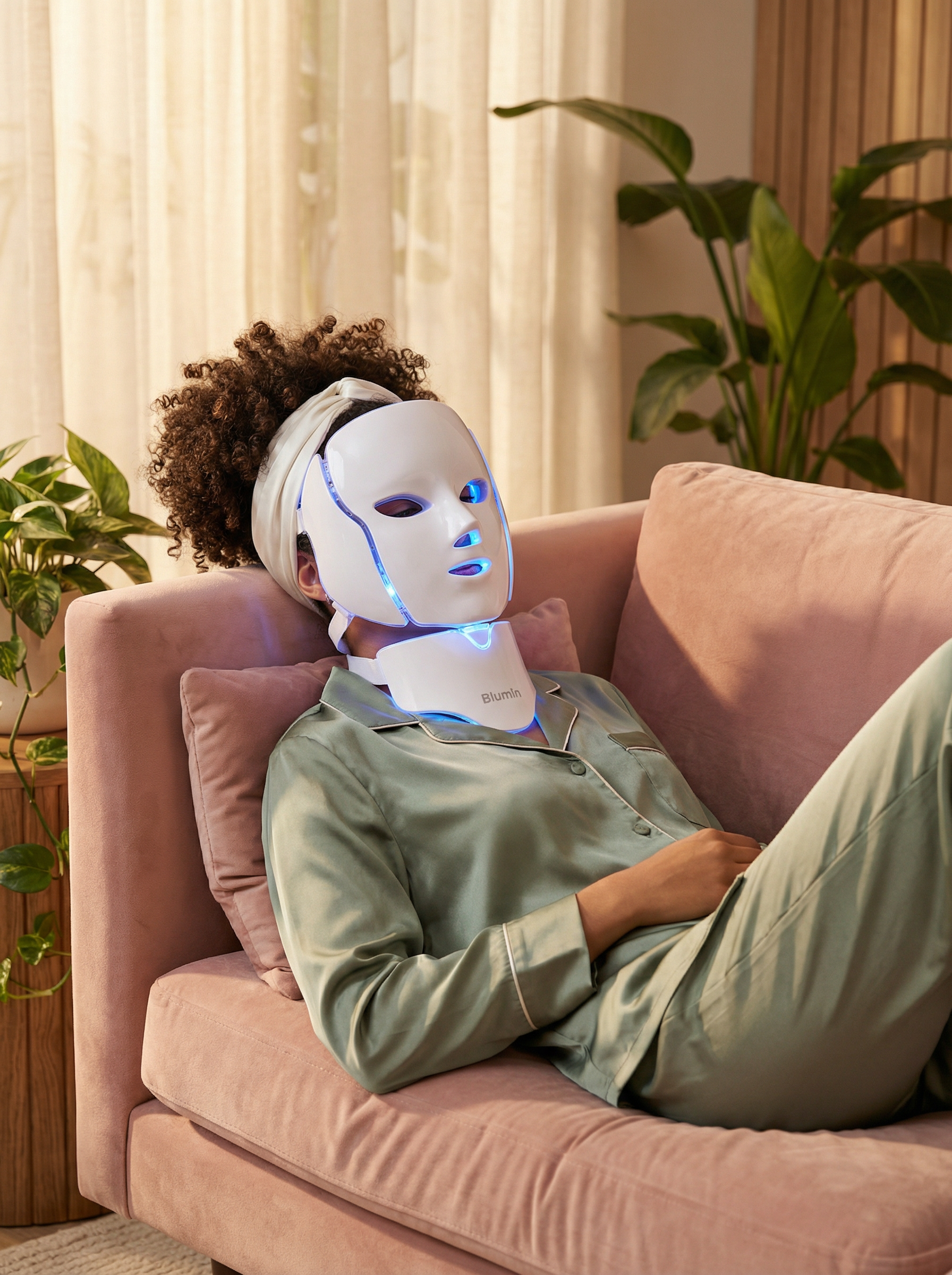 A person in pajamas relaxes on a pink couch while wearing a glowing LED light therapy mask.
