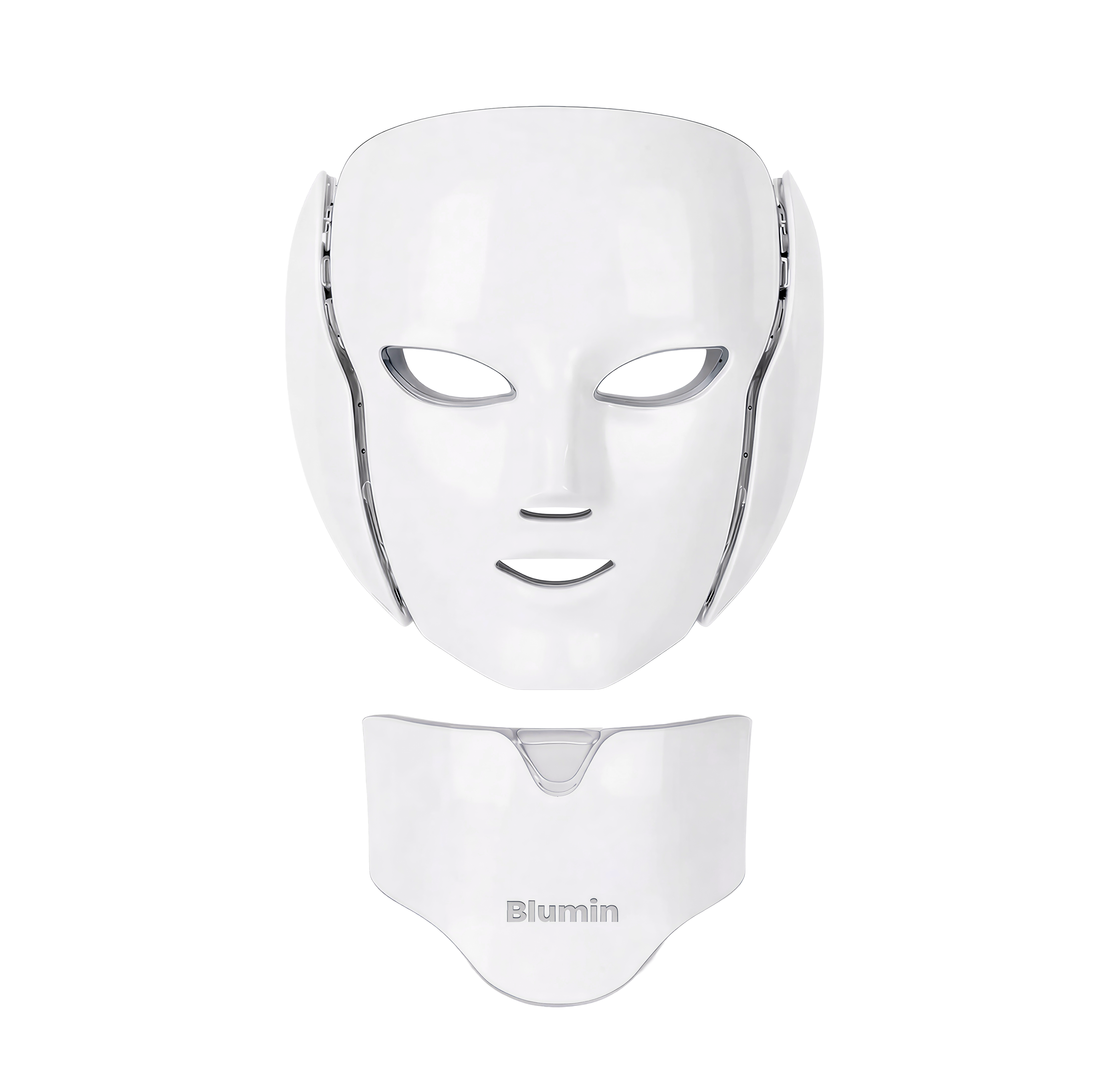 A white, hard-shell face mask with a separate neck piece from the brand Blumin.