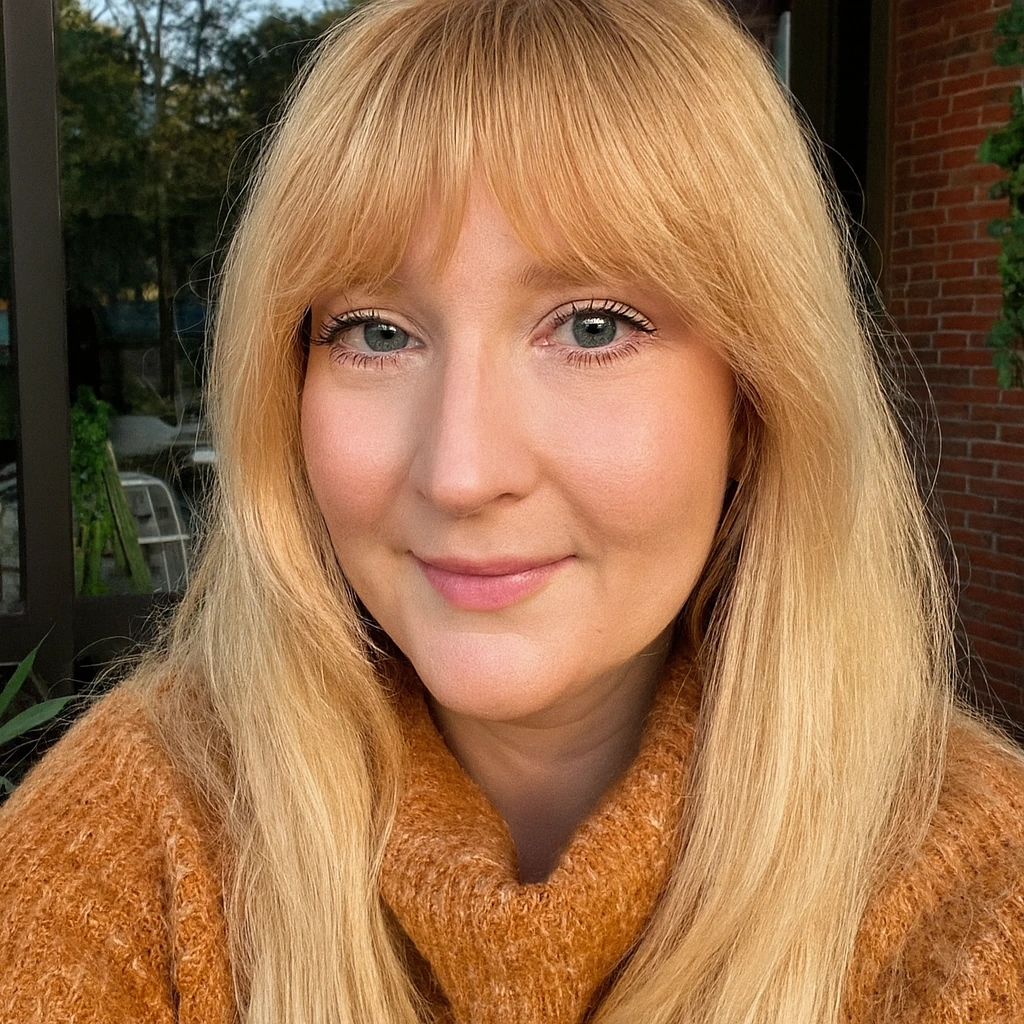 Person with long blonde hair wearing a brown sweater, outdoors.