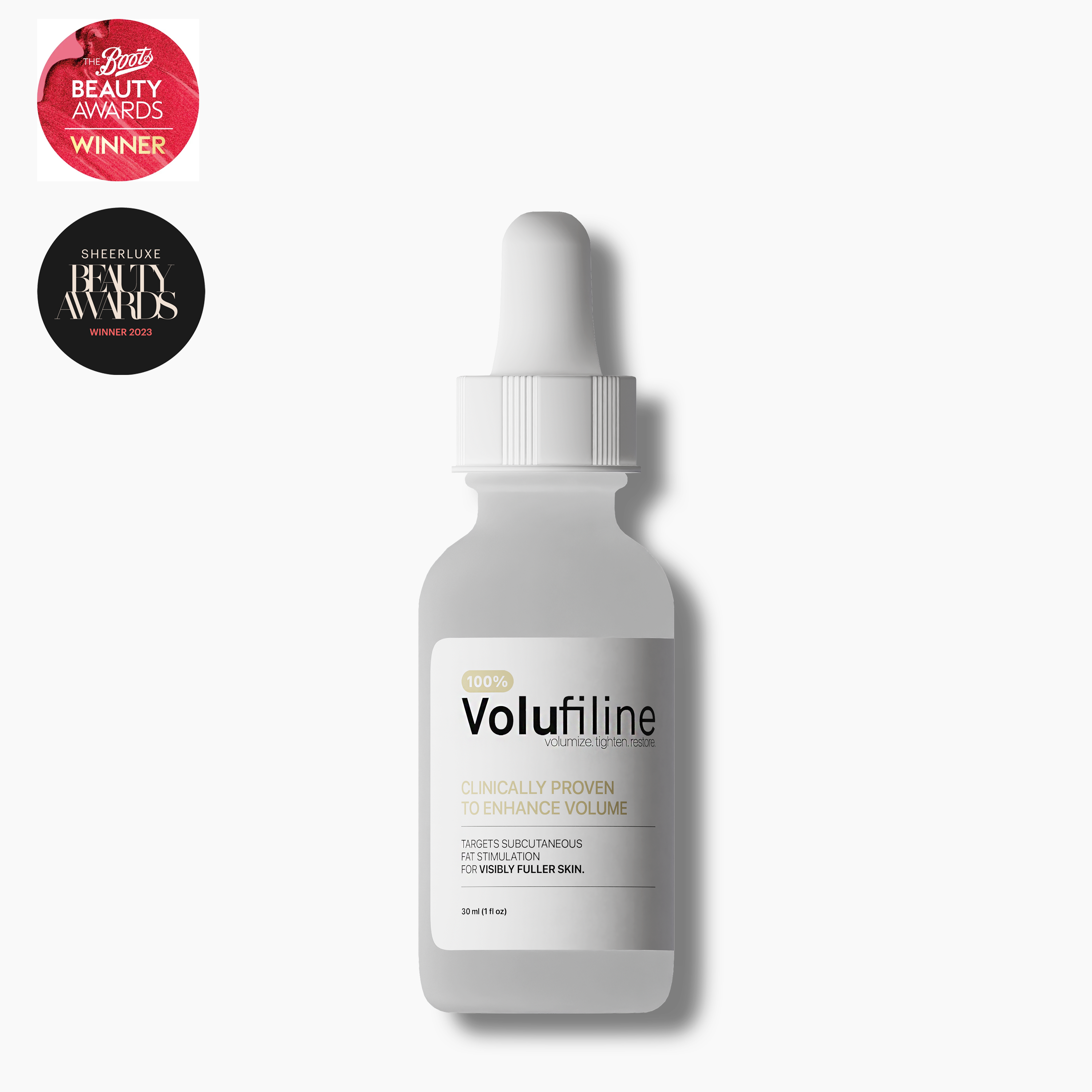 A bottle of Volufiline serum with award badges on a white background.