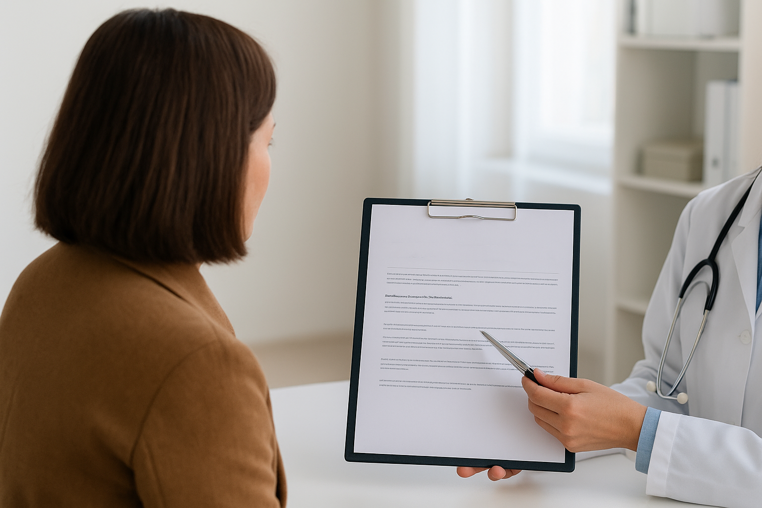 Doctor showing a clipboard with documents to a patient.